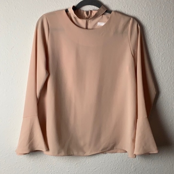 Darphin blush pink high neck boho bellsleeve chiffon blouse Sz S business casual - Picture 2 of 10
